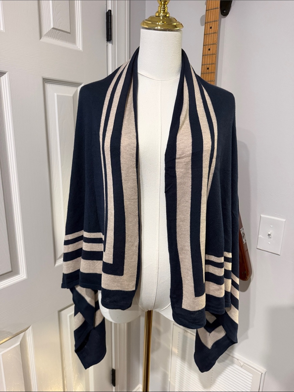 Ann Taylor Navy and Cream Striped Open-Front Wrap